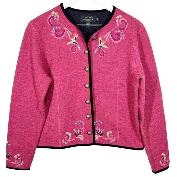 Icelandic Design 100% Wool Floral Embroidered Button Jacket Women’s Small Pink - Picture 1 of 10